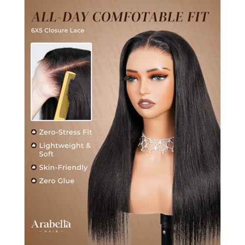 Arabella Hair 5x6 Glueless Human Hair Wig Pre Plucked Pre Cut 210% Density Natural Color 12a Bleached Knots Drawstring Straight Wig for Women HD Transparent Lace Frontal Human Hair Wigs 20 Inch