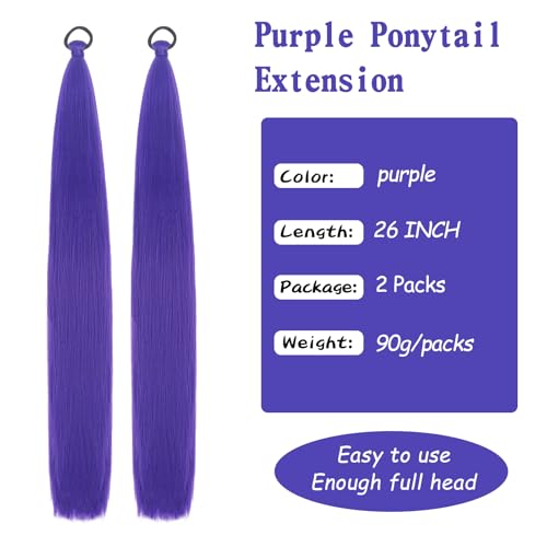 2 Packs Purple Ponytail Extension with Elastic Tie for women, 26 inch Wrap Around Braid Hair Extensions Halloween Costume Cosplay