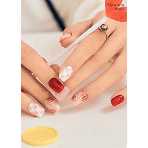 ohora Semi Cured Gel Nail Strips (N Love-Sign) - Red, Patterned, Works with Any UV/LED Lamps, Salon-Quality, Long Lasting, Easy to Apply & Remove - Includes 2 Prep Pads, Nail File & Wooden Stick