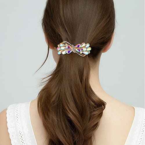 EVER FAITH Wedding Austrian Crystal Barrette Clip, Rhinestone Waterdrop Bowknot Hair Accessories for Women Iridescent AB Gold-Tone