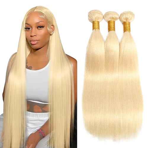 Blonde Straight Human Hair Bundles #613 Honey Blonde (30 32 34 Inch) Unprocessed Virgin Human Hair Extensions 3 Bundles 300g Total Double Weft for Black Women