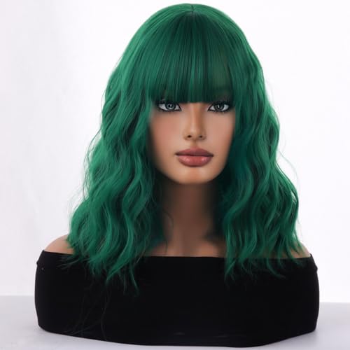 WTHCOS Green Wig Short Bob Wig Short Curly Wavy Wig With Bangs for Women Green Wig Heat Resistant Synthetic Hair Wigs for Daily Use Cosplay Wig With Wig Cap