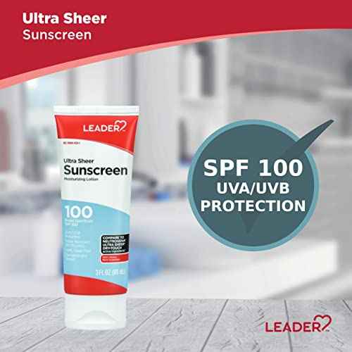 LEADER Travel Sunscreen SPF 100+, Ultra Sheer Dry-Touch Water Resistant and Non-Greasy Lotion with Broad Spectrum SPF 100+, 3 Fl Oz (3 Pack)