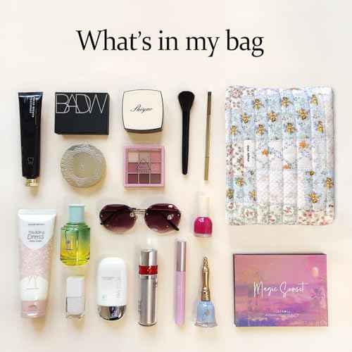 STARDW Cute Cotton Quilted Makeup Bag Cosmetic Bags for Women and Girls,Travel Toiletry Bag Floral Makeup Zipper Pouch, Purse Organizer Pouches,Canvas Lining (Cotton Floral)