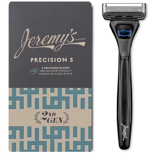 Jeremy's Razors for Men: Precision 5 Blade Razor - Stainless Blades, Lubricating Strip, Precision Trimmer - Men's Shaving Essentials Kit, Travel Shaver Face Body Head Shavers (1 Razor 1 Cartridge)