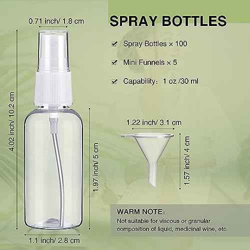 Uiifan 100 Pcs Mini Clear Spray Bottles 1 oz Small Empty Plastic Fine Mist Spray Bottles with Small Funnels for Essential Oils Travel Alcohol Perfumes