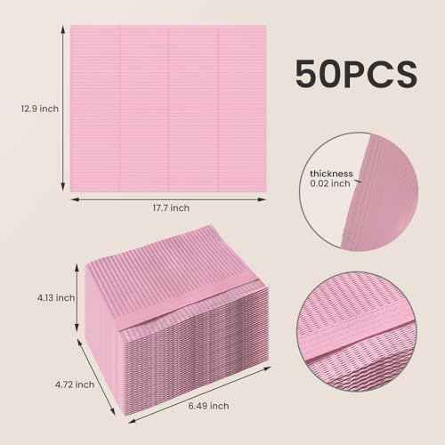 Disposable Nail Mats 50Pcs Non-Slip Fordable Nail Paper Towels for Manicure Salon Home 3 Ply Waterproof Adult Disposable Bibs for Dentist, Nail Techs, Patient Hygiene, Tattoo (Pink)