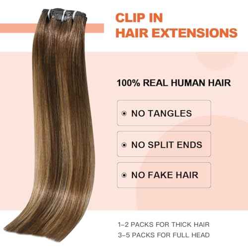 Balayage Hair Extensions Real Human Hair, Ombre Medium Brown Fading to Caramel Blonde 18 inches 120g Highlights 100% Human Hair Natural Straight Woman Beauty Clip ins #4/27/4