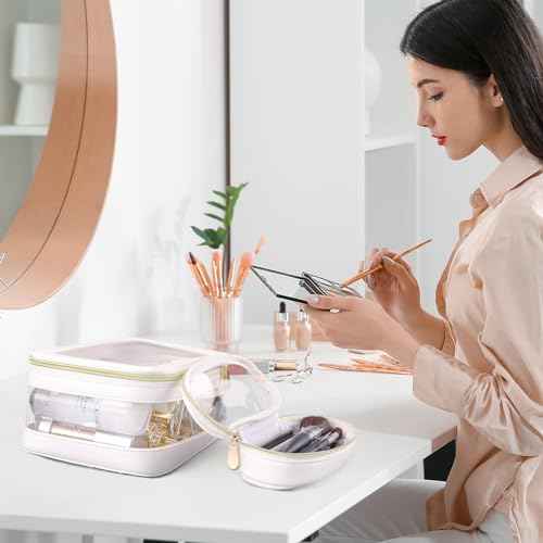 Clear Makeup Bag, Travel Cosmetic Case Toiletry Bag, Make up Organizer for Women, Portable Car Organizer Bag Fit Carry-on Travel Essentials (White)