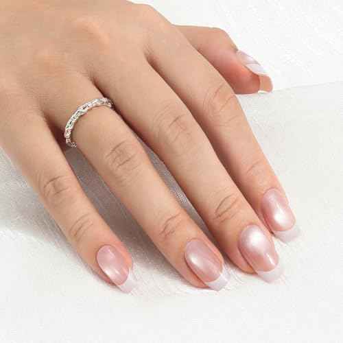 Press on Nails Short Square, Nude Pink French Tip Nail Press ons with Shimmer, Salon-quality 30Pcs Stick on Nails Kit, Reusable False Nails for Women (L2270)