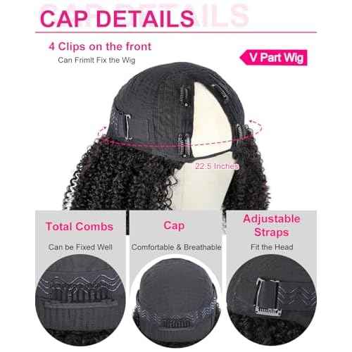 V SHOW Curly V Part Wig Human Hair Upgrade U Part Wig Human Hair Wigs for Women Glueless V Shape Wig Afro Curly Wigs No Leave Out 180% Density Natural Color 18Inch