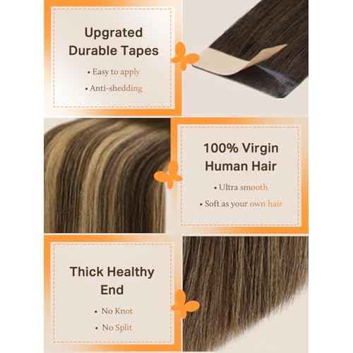 DOORES Tape-in Hair Extensions - Balayage Chocolate Brown to Caramel Blonde, 40pcs, 100g, 20 Inch, Remy Silky Straight Skin Weft Natural