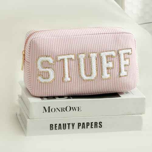 uekeboag Seersucker Chenille Letter Stuff Meds RX Makeup Bag, Travel Washable Purse Organizer with Zipper, Lightweight Toiletry Cute Personalized Preppy Cosmetic Bag For Women and Girls(3pcs Pink)