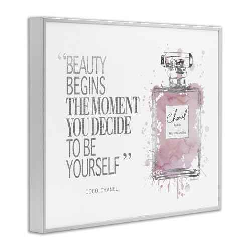 Stupell Industries Beauty Begins Fashion Perfume, Design by Amanda Greenwood White Framed Wall Art, 16 x 20, Pink