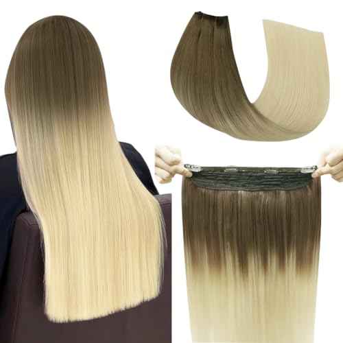 Wire Hair Extensions,Invisible Wire Hair Extensions Short Ash Brown to Platinum Blonde Hair Extensions Real Human Hair 16inch Straight Fish Line Hair Extensions70g(#8T/60-16inch)