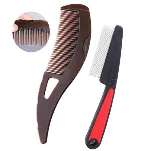Dandruff Comb Fine Tooth Scalp Detox Comb Lice for Women, Men & Kids Stainless Steel Scalp Detoxing, Sweep & Massage Hair Brush Tool for Hair Care (Brown+Red)