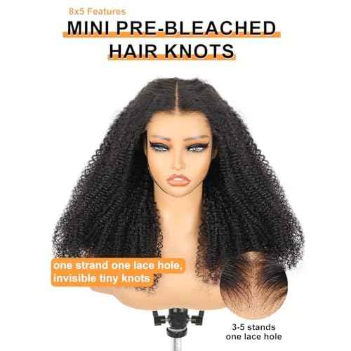 Domiso 18 Inch Knots Bleached Max Part 8x5 M-Cap Afro Kinky Curly Glueless Wigs Human Hair Pre Plucked Pre Cut Wear and Go Glueless Wig Kinky Curly Lace Front Wigs Human Hair 195% Density