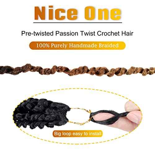 Nice One Pre-Twisted Passion Twist Hair 12 Inch, Passion Twist Crochet Hair for Women 8 Packs Ombre Brown Pre-Looped Passion Twists Braiding Hair Extensions (12 Inch (Pack of 8), T1B/30/27)