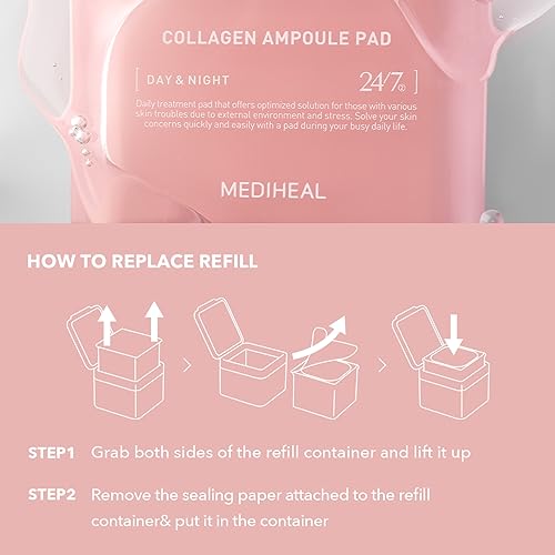 (Only Refill) Mediheal Collagen Ampoule Pad (100 Pads) - Cotton Facial Toner Pads for Skin Firming & Restore Elasticity - Vegan Eco Silk Pad