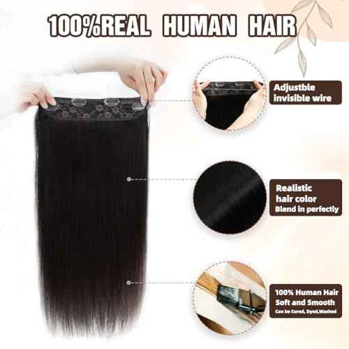 Invisible Wire Hair Extensions Real Human Hair - 18 Inch 80G Dark Brown Transparent Fish Line Clip-Ins Hair Piece, 100% Remy Human Hair Extensions for Women