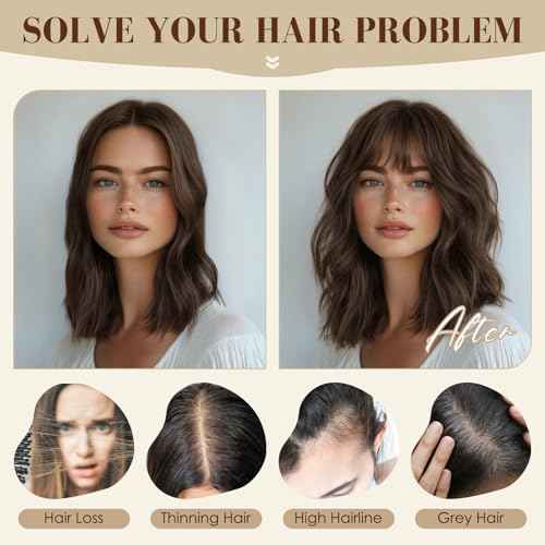 S-noilite Hair Toppers for Women with Bangs 100% Human Hair 360¡Æ3D Cover Clip in Wispy Bangs Short Topper Hairpieces for Women Dark Brown