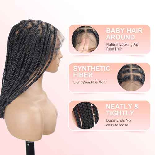 Box Braided Wig 14 "360¡Æ HD Full Single-layer Lace Braid Wigs for Black Women Square Knotless Box Braid Wig with Baby Hair Handmade Synthetic Hair Blended Lace Front Natural Black