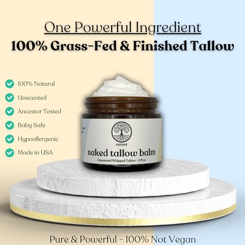 Beef Tallow Balm for Skin | NAKED TALLOW BALM | 1 Ingredient - 100% Grass Fed Tallow | Whole Body & Face Moisturizer | Whipped & UNSCENTED for Sensititve Dry Skin, Babies, Eczema, Psoriasis, Rosacea (2oz)