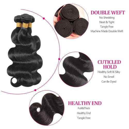 Body Wave Bundles Human Hair 20 22 24 Inch Human Hair Bundle 100% Unprocessed Brazilian Virgin Hair 3 Bundles Human Hair Extensions for Black Women Natural Color