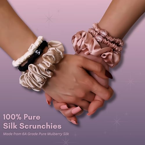 VÉNERA Silk Scrunchies - 100% Pure 22 Momme Mulberry Silk Hair Ties (Espresso-Cream-Caramel)