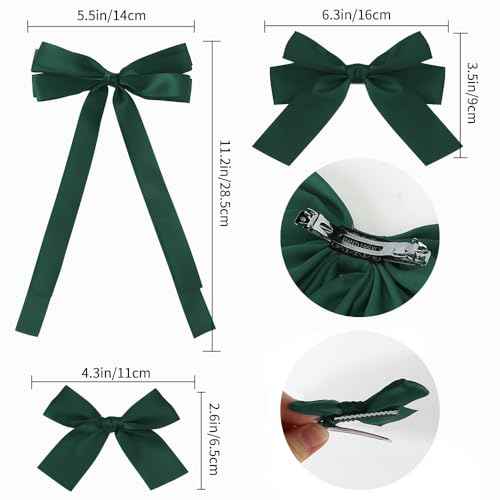Hair Bow Clips for Women Girls, 4 Pcs Green Silky Satin Oversized Long Tail Bow Hair Clips, Alligator Metal Clips, Big Bowknot, Cute Hair Accessories, Christmas Gifts