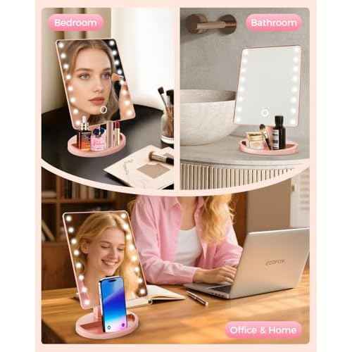 Christmas Lighted Makeup Mirror with Lights, Pink Vanity Mirror with Lights, 16 LEDS Dimmable Desk Mirror, Dual Power Supply, Present Gifts for Teenage Girls, Rose Gold Dorm Room Essentials