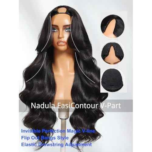 Nadula Yaki Wavy V Part Drawstring Wig Human hair with Blow Out Bangs, Glueless EasiContour Vpart Wigs No Leave Out Beginner Friendly Clip In V Shape Wigs Upgrade Wavy U Part Wig 150% Density 18inch