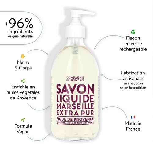 Compagnie de Provence Savon de Marseille Extra Pure Liquid Soap - Fig of Provence - 16.7 Fl Oz Glass Pump Bottle