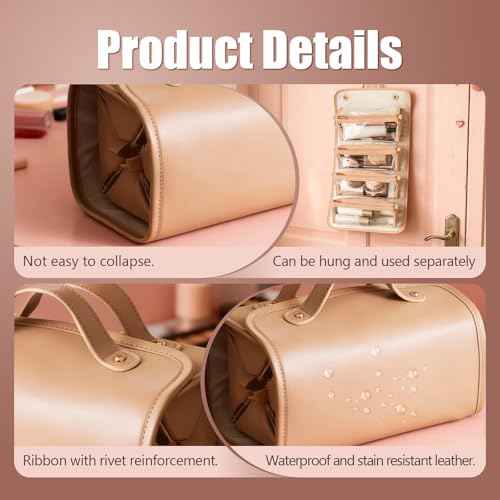 Large Foldable Hanging Toiletry Bag for Women, 4-in-1 Waterproof Makeup bag, Cosmetic Bag with Detachable Interior Pockets, Ideal for Women Travel Essentials(Brown)