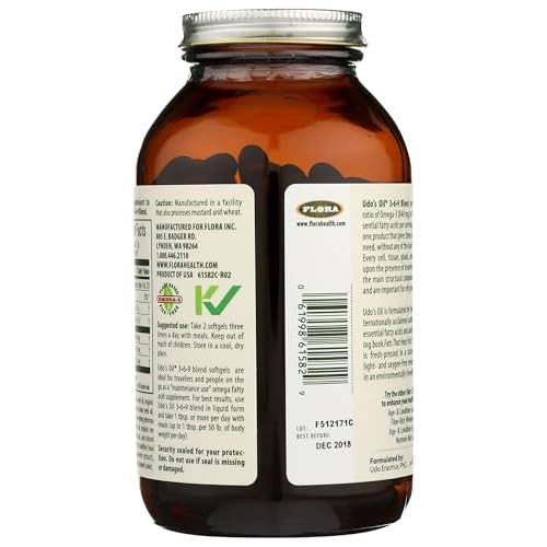 Flora Udo's Oil 3-6-9 Blend - Contains Organic Coconut, Flax Seed Oil & More - 180 Vegetarian Softgels