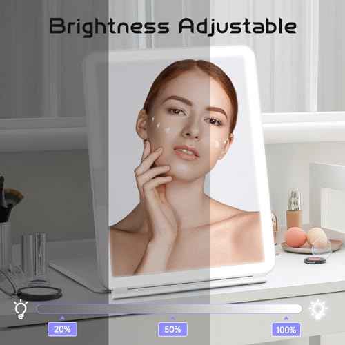 FUNTOUCH Large Rechargeable Travel Makeup Mirror with Light, Portable Makeup Mirror with 10X Magnifying Mirror 3 Lighting Modes, Dimmable Touch Screen, Tabletop Folding Travel Mirror with Storage Bag