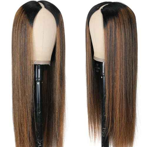 Highlight V Part Wigs Human Hair Straight Brazilian Virgin Human Hair Wigs Ombre Brown Upgrade U Part Wigs 180% Density Glueless Full Head Clip In Half Wigs 20inch #FB30