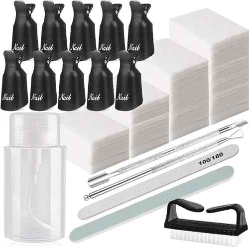 Nail Polish Gel Remover Tools Kit, Soak Off Cap Clip 10pcs, Dispenser Bottle, 600PCS Cotton Pads Handle Brushes Finger Separators(Black-Set)