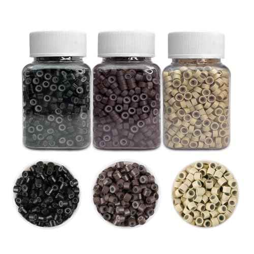 1500Pcs Silicone Beads for Hair Extensions, 3Colors 5mm Silicone Lined Beads Microlink Rings Hair Extensions Tool (Brown-Black-Blonde)