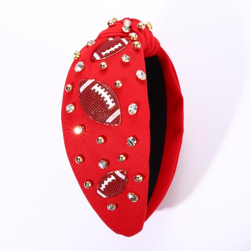 CEALXHENY Football Headband for Women Football Accessories Beaded Football Rhinestone Crystal Knotted Headband Jeweled Embellished Game Day Top Knot Headband Football Mom Hair Accessories (B-Red)