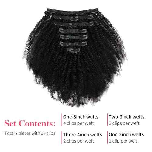 Sassina Curly Clip in Remy Human Hair Extensions PU Seamless Virgin Brazilian Afro Real Human Hair Extensions Clip in Natural Black 20 Inch Double Weft Clip on Hair Extensions 7PCS 120G