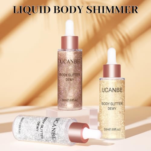 UCANBE Glow Shimmer Drop Set for Women Highlighter Makeup Body Glitter Dewy Liquid Face Holographic Luminizer Sparkles for Face (3 Pcs)