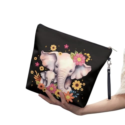 PCSJRKG Flowers Elepahnt Printed Makeup Bag Cute Elephant PrintedCosmetic Bags for Women and Girls, Large Capacity Leather Cosmetic Bag Travel Makeup Bag, Makeup Organizer Bag Zipper Pouch