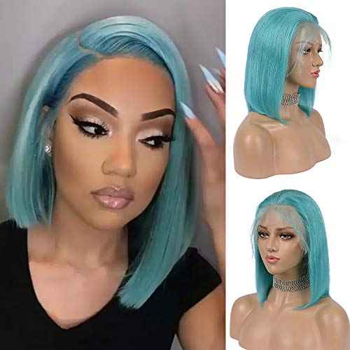 Guanyuhair Pre-plucked Short Bob Human Hair Lace Front Wigs Glueless Silky Straight 150% Full Density #Light Blue Free Part Bob Wigs For Black Women(12inch, Light Blue)