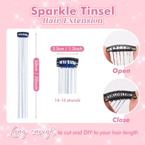 Clip in Hair Tinsel Kit, POROLIR 6Pcs Glitter Fairy Tinsel Hair Extensions 20 Inch Shiny Hair Tinsel Heat Resistant, Sparkly Strands Hair Accessories, Festival Gift for Women Girls Kids, Sapphire Blue