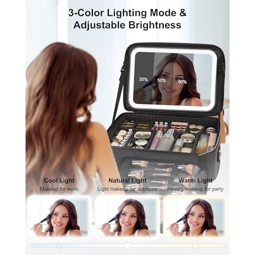 Relavel Travel Makeup Bag With LED Mirror, 16.2" Large Makeup Train Case, 3 Color Scenarios Adjustable Brightness, Waterproof Makeup Train Case Organizer with DIY Dividers for Makeup Artist, Black