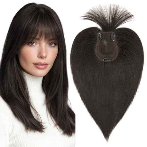 MY-LADY Human Hair Toppers for Women Real Human Hair with Bangs Thin 9 * 12CM Lace Base Clip in Remy Hairpieces Hand-Tied Light Weight 12 Inch Natural Black