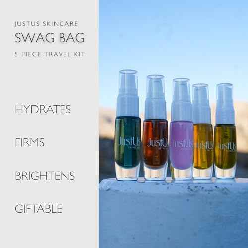JustUs Skincare Mini Kit ? 5 Piece Anti-Aging Travel Set for Hydration, Firmness, Brightening + Glow ? Includes Free Travel Case | $115 Value