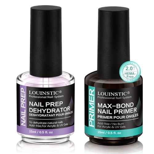 LOUINSTIC Nail Prep Dehydrator and Acid-Free Primer, Quick-Dry & Safe for Nails, for UV Gel, Acrylic, Gel Nail Polish & Press-On Nails Hema-Free ? Professional Salon & DIY Manicure Kit, 15ml