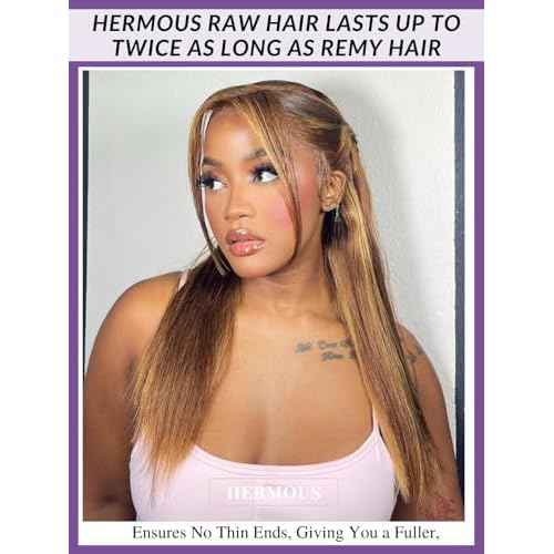 13A Double Drawn Honey Blonde Highlight Thick Raw Straight Human Hair Single Bundles 20 Inch, Ombre Brown Soft & Bouncy 100% Raw Human Hair Piano Colored P4/27 Quick Weave